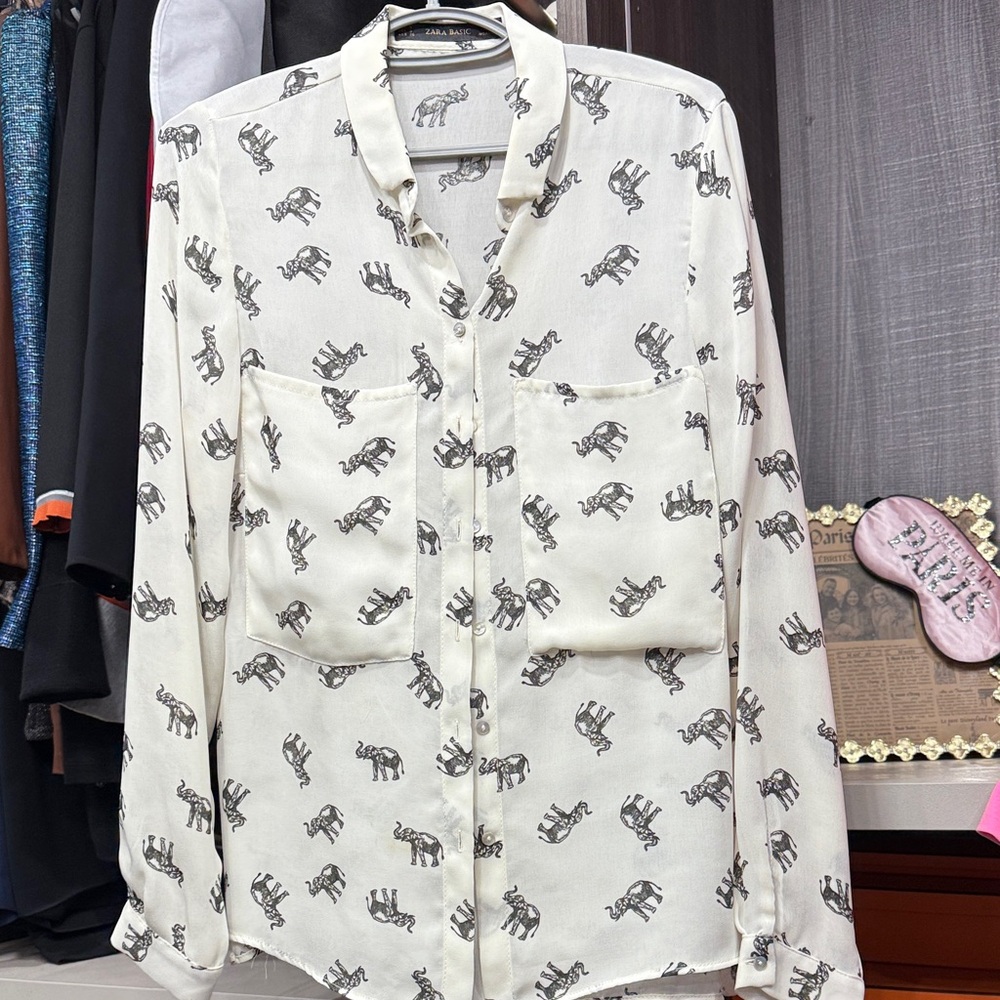 Zara Cream Button Down Shirt with Elephant Pattern